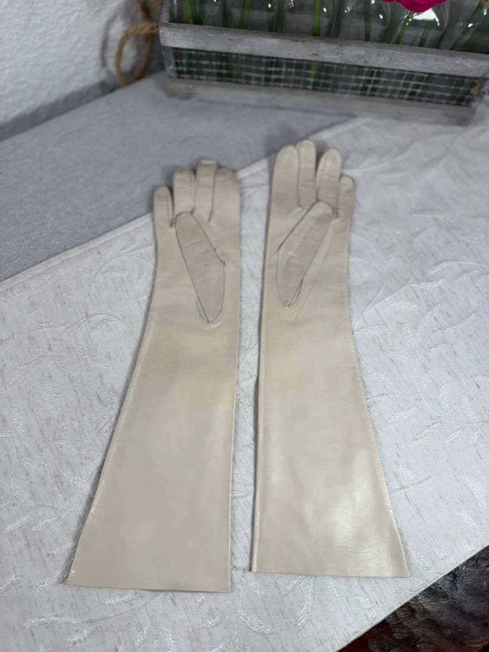Vintage Italian Off-White Leather Opera Gloves‎ Size 6.5 Made in Italy Formal
